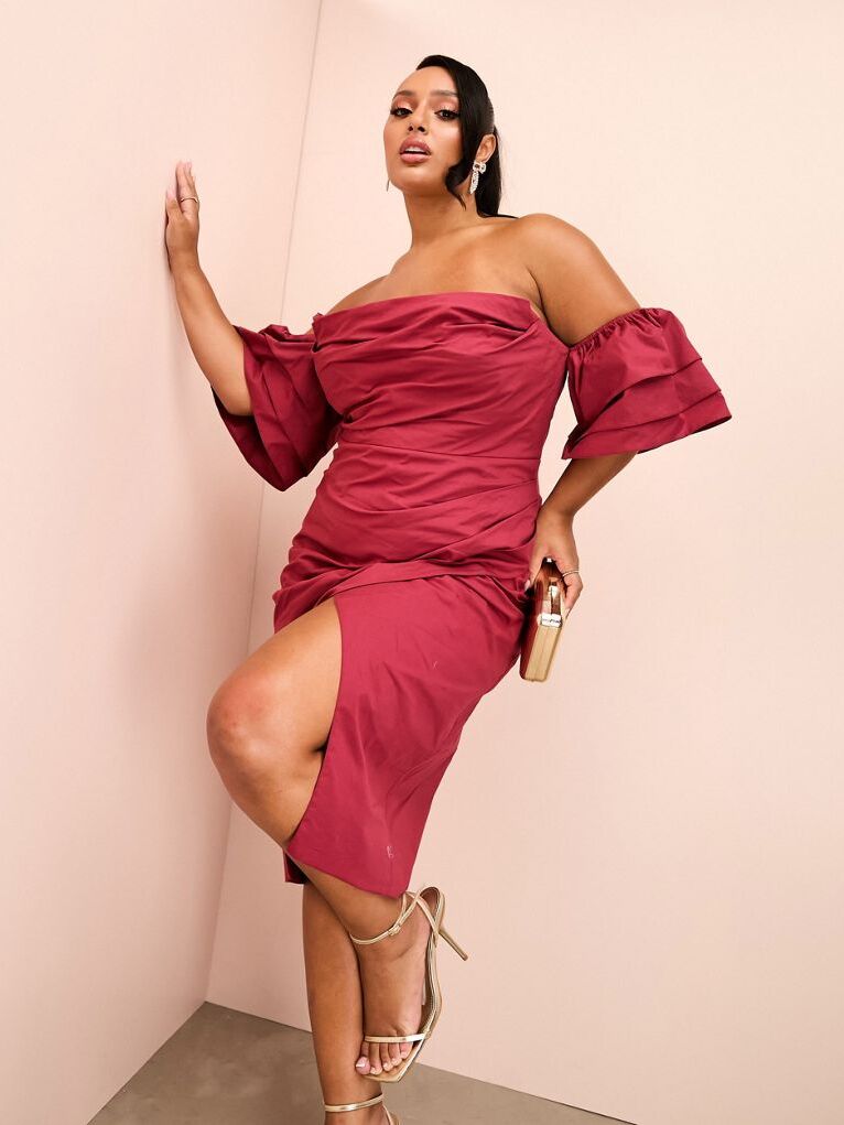 Oxblood off-the-shoulder plus size wedding guest dress from ASOS LUXE