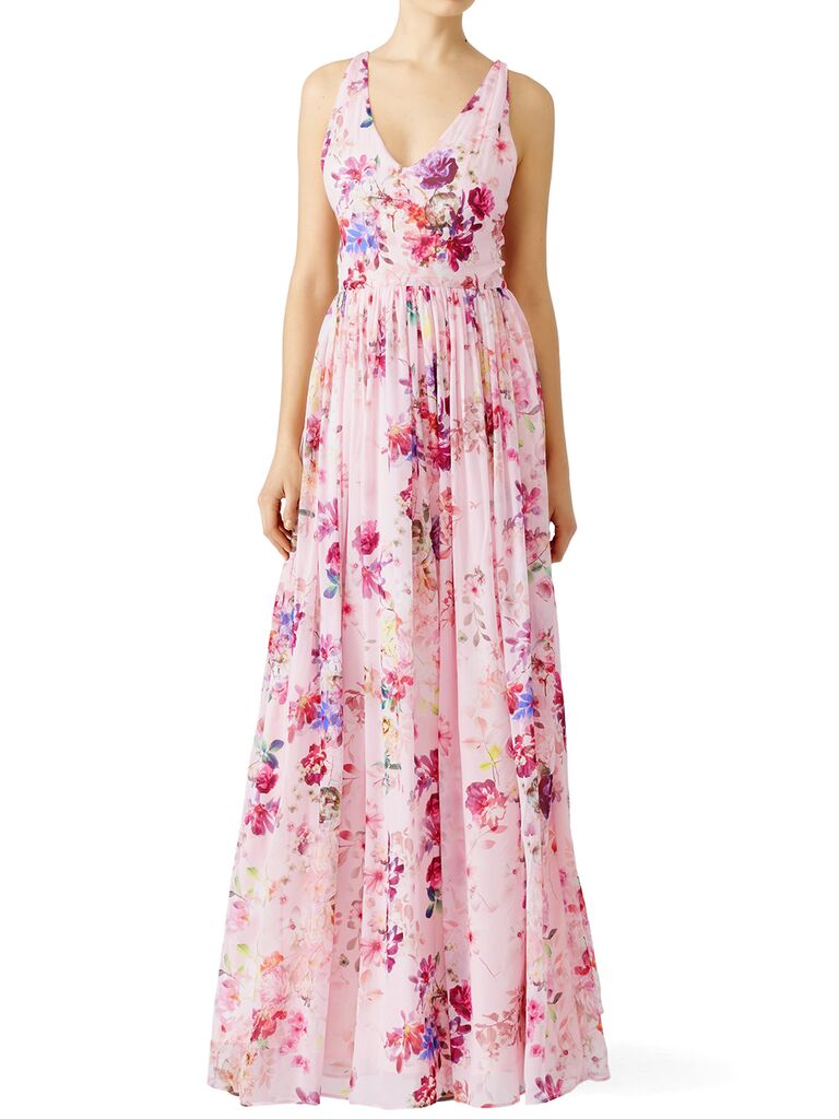 Floral blush bridesmaid dress with V-neck