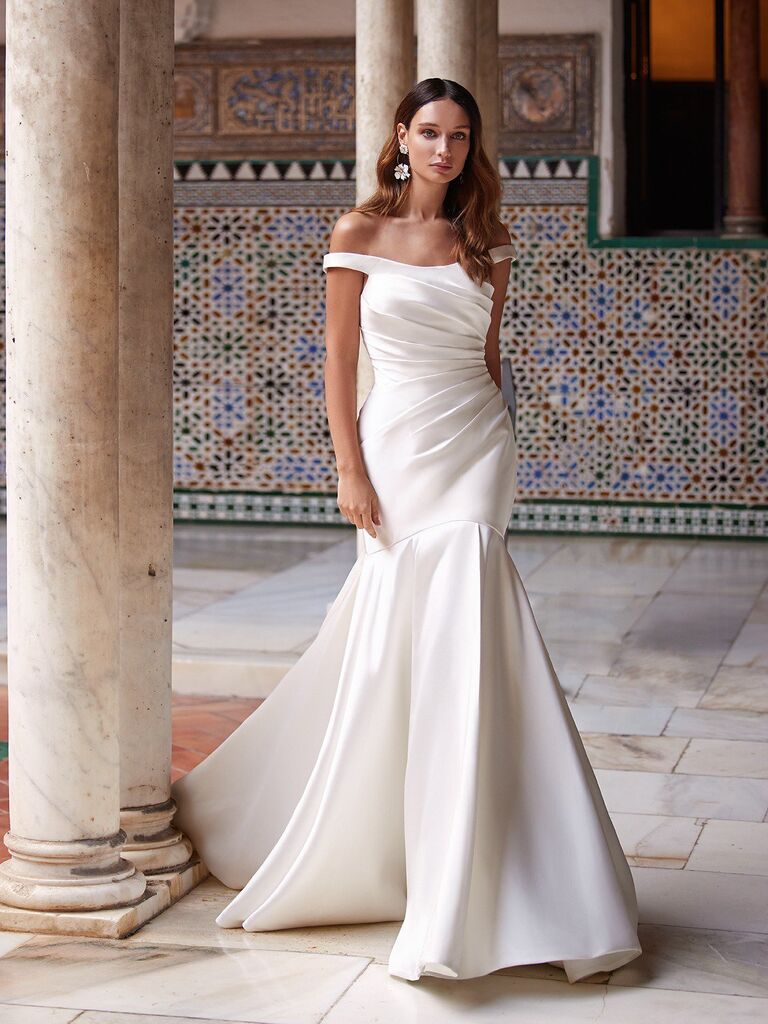 Ruched Off The Shoulder Mikado Mermaid Wedding Dress for older bride