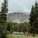 A rustic Colorado ceremony space in the rain with simple wood benches facing a semi-circle of wildflowers outlining the altar sitting in front of towering pine trees and a large mountain in Telluride.