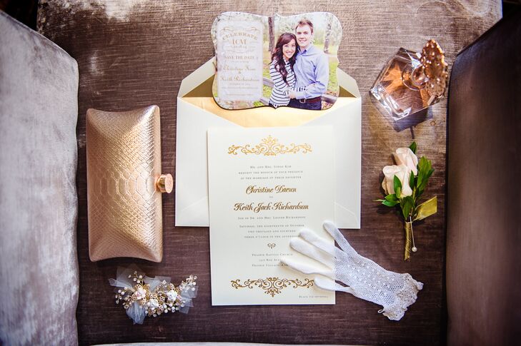 â€œI went with a simple ecru and gold foiled printed invitation set from Crane & Co,â€u009d Christine says. â€œThe sides of the invitation were even hand painted with 14k gold paint!â€u009d