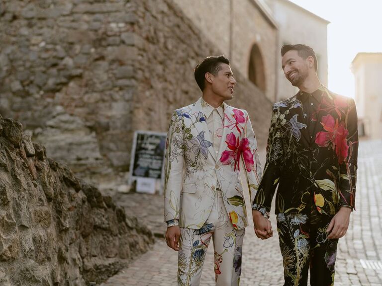 grooms in ornate wedding suits