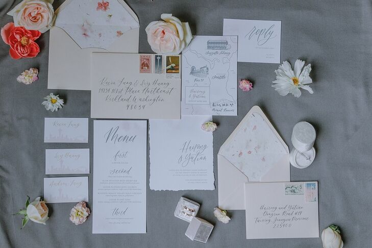 Romantic White Invitations and Paper Goods with Silver Calligraphy