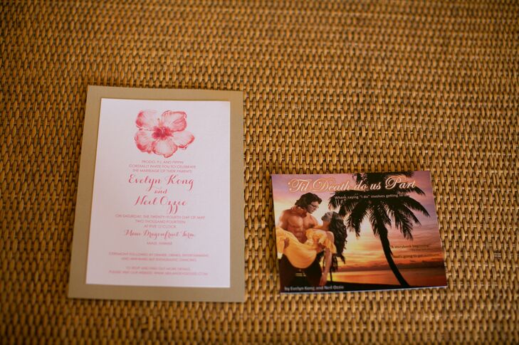 The white and fuchsia wedding invitations with an orchid graphic had a card stock backdrop, and was sent out with a tropical sunset postcard depicting the faces of the bride and the groom.