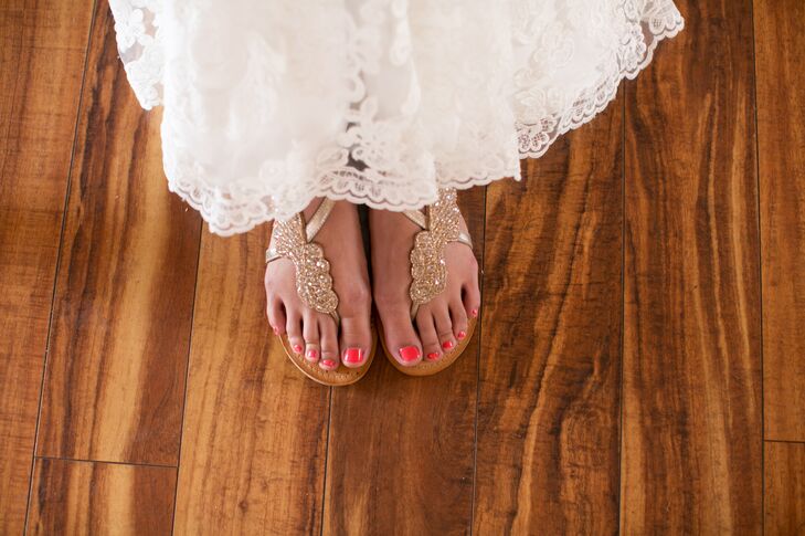 “I hate heels and we got married on a lawn, so I wore sequined sandals with an ivory Casablanca dress,” Evelyn says.