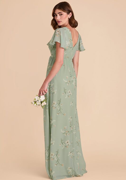 Birdy Grey Hannah Empire Chiffon Dress in Sage Le Fleur V-Neck and Plunge Bridesmaid Dress - 2