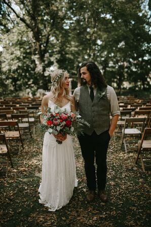 Boho Bride with Flower Crown and Large Bouquet