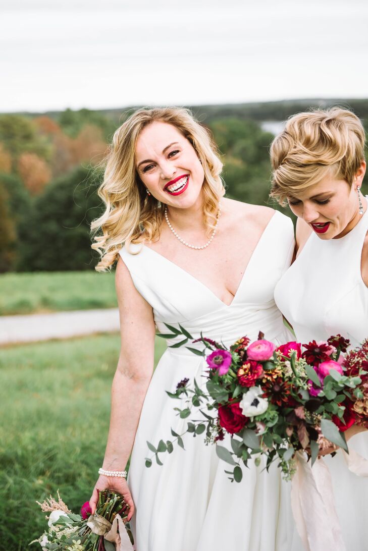 Erin Cooney (left) and Kelly	Dalton hosted a casual DIY wedding in their friends’ coastal Maine backyard. The rustic New England–themed celebration bo