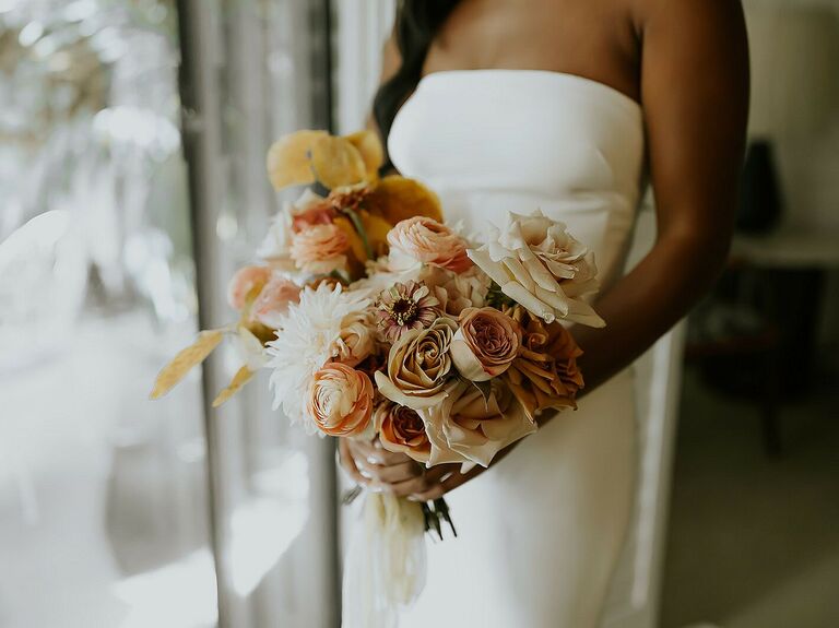 simple yellow and peach fall wedding bouquet