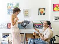 Wedding proposal in vinyl record music store