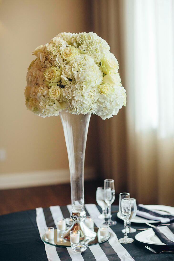 Tall Clear Centerpiece with white Hydrangeas and Roses