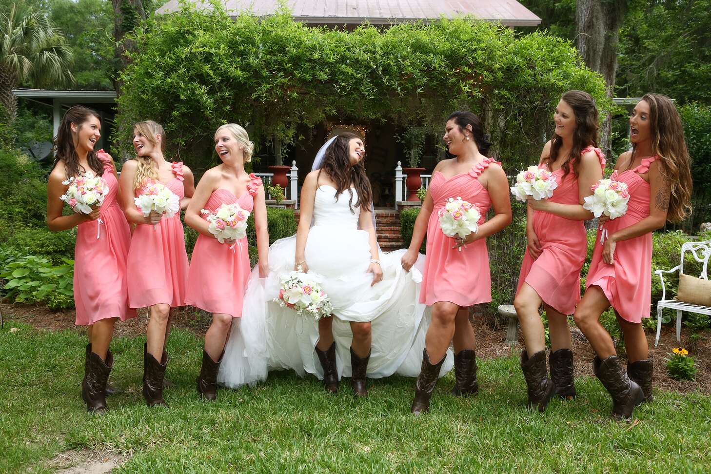 Short Pink Bridesmaid Dresses with Cowboy Boots