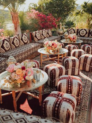 Moroccan-Inspired Lounge Furniture and Coffee Tables, Ornate Lanterns and Decor