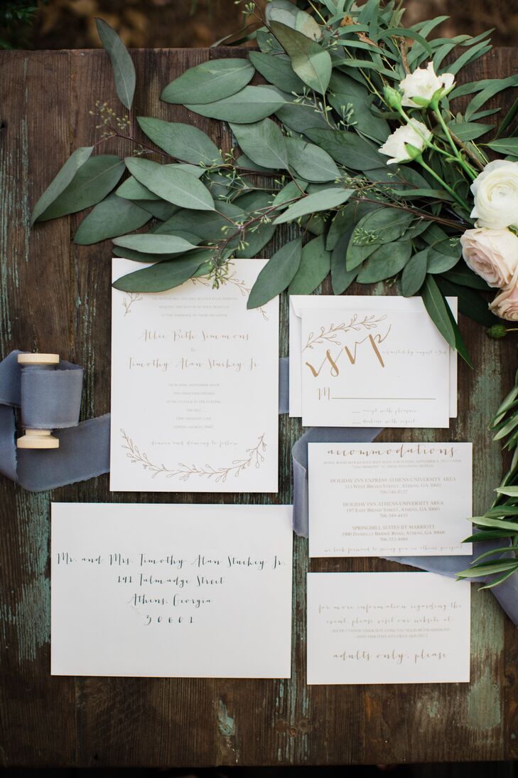 "My wedding planner Danielle Hulsey actually designed the beautiful invitations and programs," Allie Beth says. "My other planner and designer, Candice Beatty, made our welcome sign and table signs. For our out-of-town guests, we put a Georgia peach in their rooms with little notes that said 'You're a peach!' with info about the location."