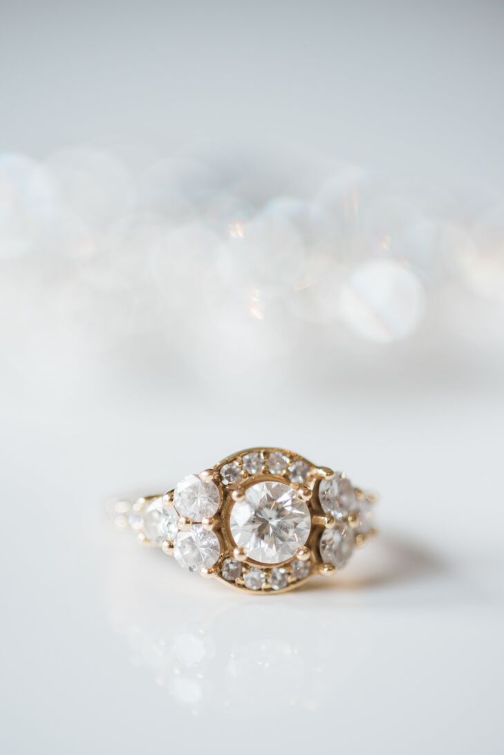 After Melissa’s grandparents died, her parents found her grandmother’s engagement ring. Her dad generously offered the ring—and her grandmother’s diamond watch—to Alex. Melissa and Alex discussed designs and met with a jeweler, and then Melissa drew a rough sketch. Alex and the jeweler worked together to bring Melissa’s vision to life. “My ring is exactly what I had in mind when I drew it,” she says. “I know my grandparents would have loved it.”