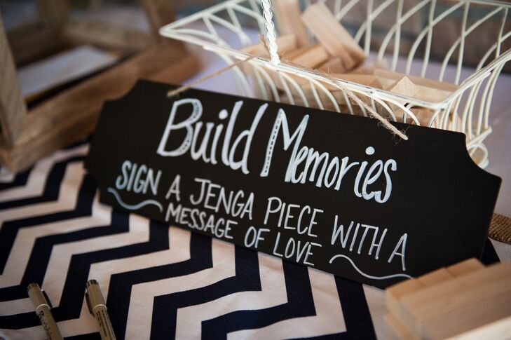 Instead of a traditional guest book, Shannon and Tom had their guests write their well wishes and advice on Jenga blocks.