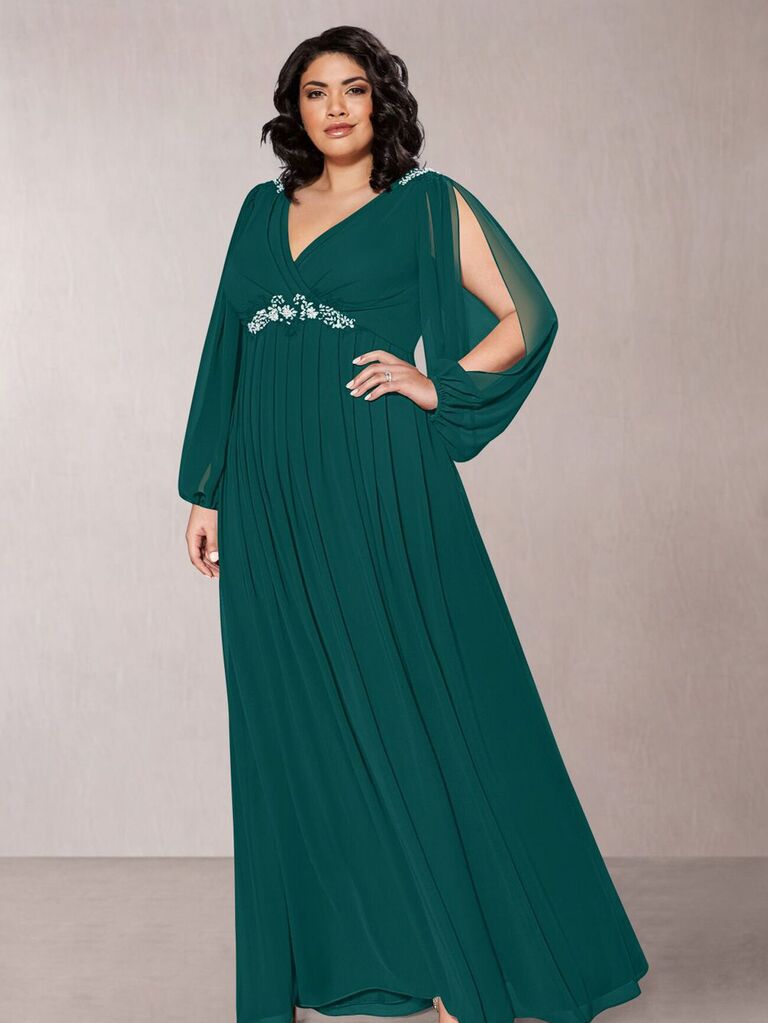 Green formal mother-of-the-bride dress with beading from Azazie