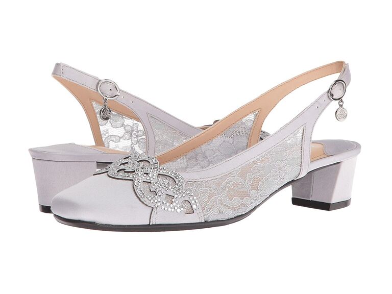 zappos pale lavender lace wedding shoes with block heels slingback heel straps and rhinestones