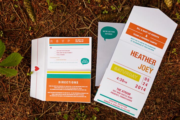Heather and Joey's modern orange and turquoise wedding invitations with clean lines and sans serif font made a bold statement