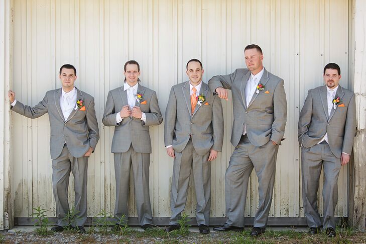 Groomsmen in Grey Suits and Orange Ties