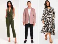 Three casual wedding attire outfits for men and women