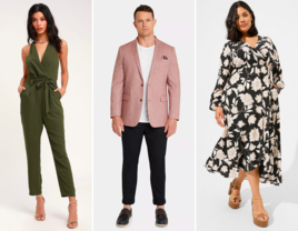 Three casual wedding attire outfits for men and women