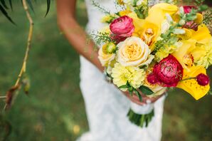 Yellow and Red Roses and Ranunculus Bridal Bouquet