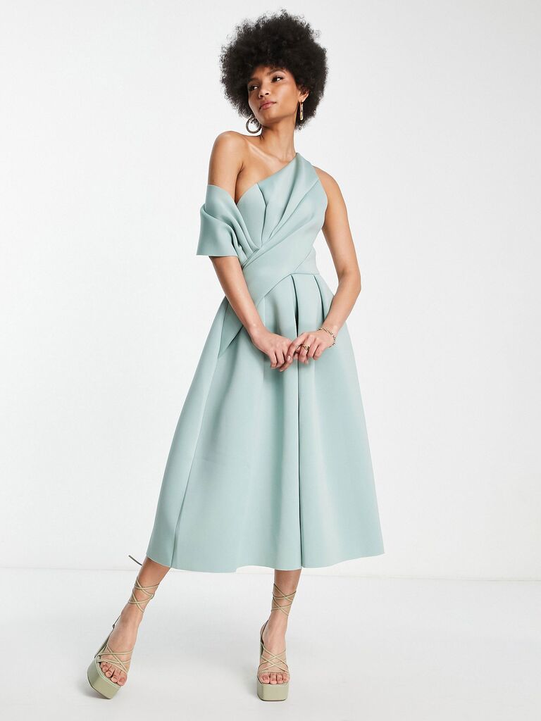 ASOS black-tie attire wedding guest dress with one-shoulder neckline and midi skirt