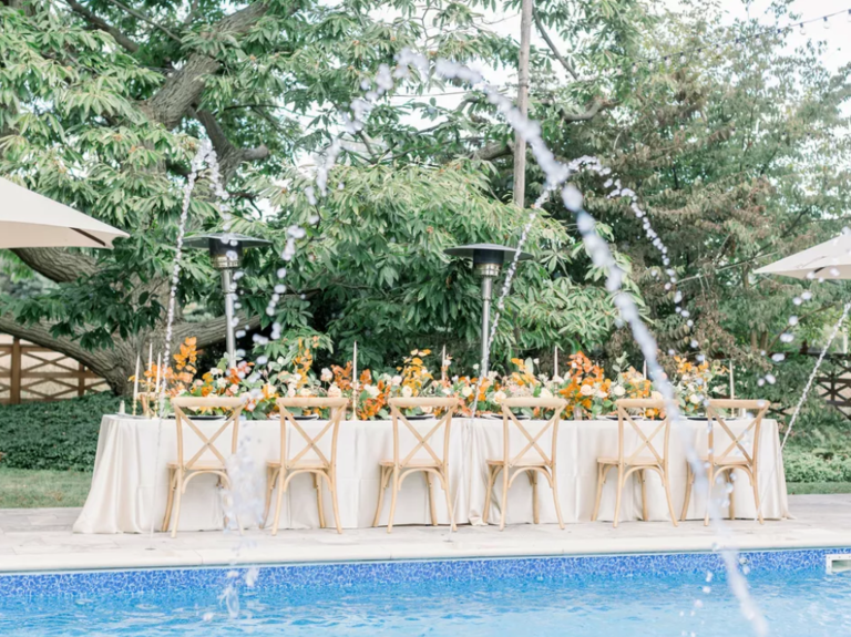 Poolside wedding reception set up for a small wedding. 