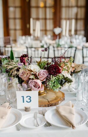 Bohemian Centerpiece of Dahlias, Astilbe and Roses on Rustic Wood Stand
