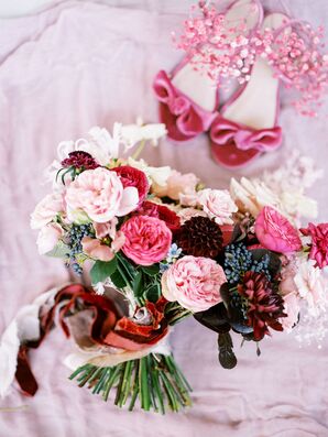 Bouquet of Pink, Blush, Purple and White Flowers With Blue Accents