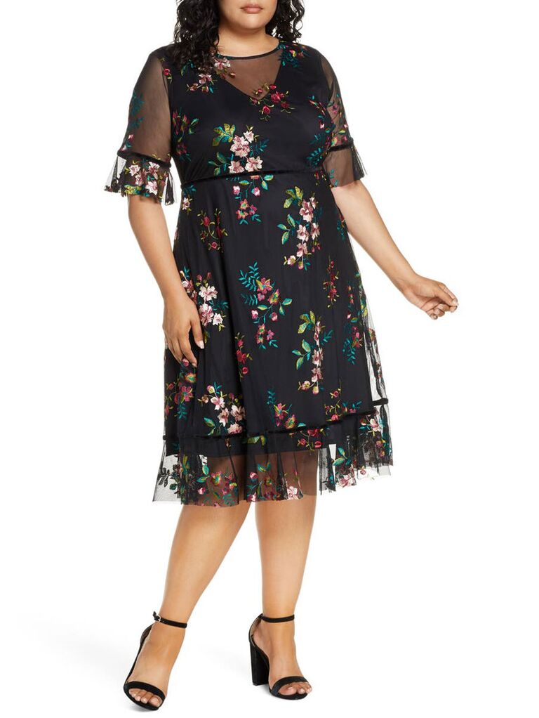 Kiyonna embroidered floral cocktail dress for fall wedding