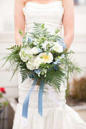 Blue and White Hydrangea and Fern Bouquet
