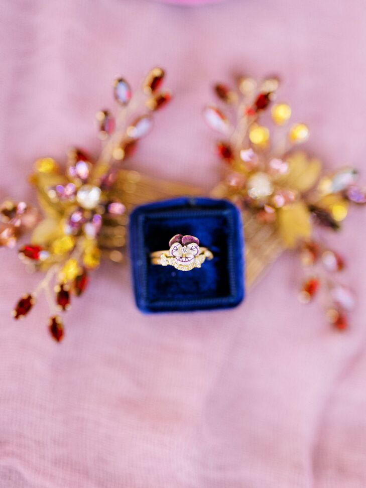 Gold, Jewel and Purple Pansy Ring Set in Velvet Box