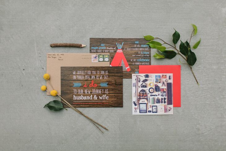 Megan and Ray sent rustic wooden looking travel-inspired invitations decorated with teepees, feathers and packing lists in a bold red and turquoise color palette.