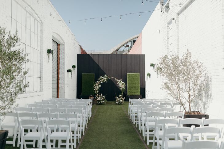 Outdoor Ceremony, Loft Rooftop With Circle Arch, Faux Grass, Planted Trees