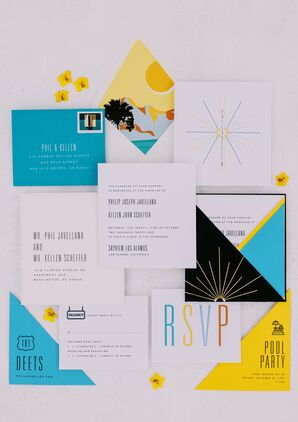Retro-Inspired Blue-and-Yellow Wedding Invitation Suite