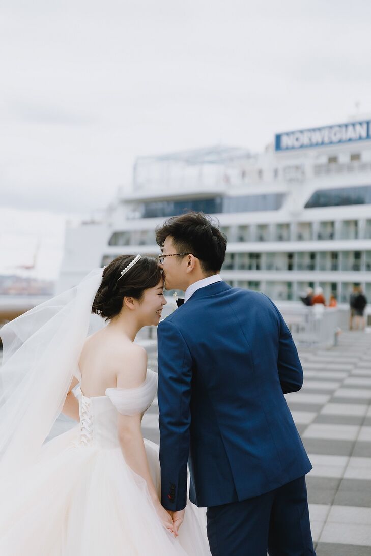 Romantic Couple with Ball Bown, Veil and Navy Suit