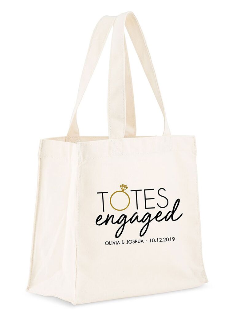 Personalized cotton canvas fabric tote bag says Totes Engaged engagement gift from parents