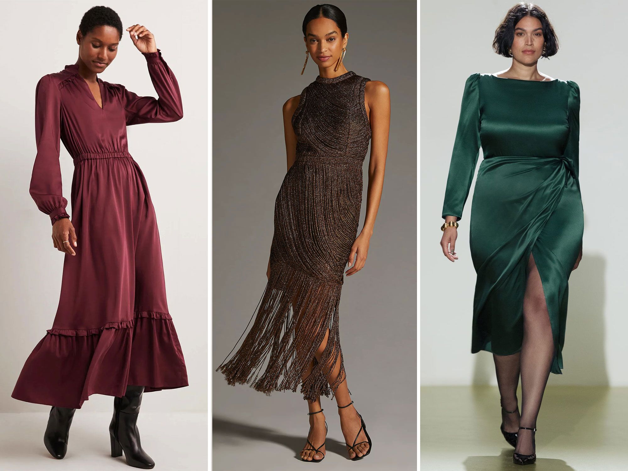 collage of three winter wedding guest dresses