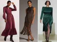 collage of three winter wedding guest dresses