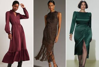 collage of three winter wedding guest dresses