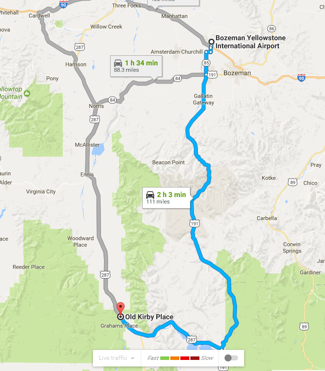 Picture of Travel Directions from Boazeman Airport to Old Kirby Place passing through Big Sky