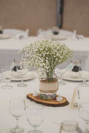 Baby's Breath in Mason Jars With Burlap and Lace