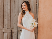 satin floor length dress with criss cross halter