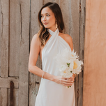 satin floor length dress with criss cross halter