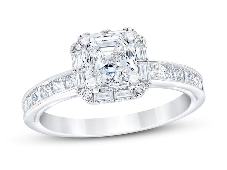 jared diamond cushion cut engagement ring with rectangle shaped diamond halo and square shaped diamond band