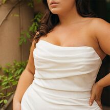 Close up of bride's wedding dress ruched bodice