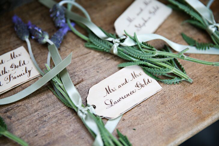 Escort Cards with Lavender and Green Ribbon