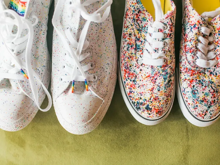 Colorful rainbow shoes for engagement photo prop